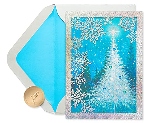 Papyrus Christmas Tree Card with Sparkly Snowflakes, Perfect for Friends & Family (Peace and Joy)