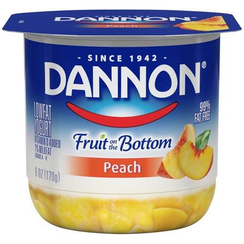 Danone Fruit on the bottom low fat Peach yogurt cultured grade a low fat Milk, peaches, sugar, fructose syrup, high fructose co (036632001122)