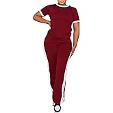 PINSV Women's 2 Piece Outfits Short Sleeve Tops Sweatpants Colorblock Bodycon Lounge Sets Tracksuit