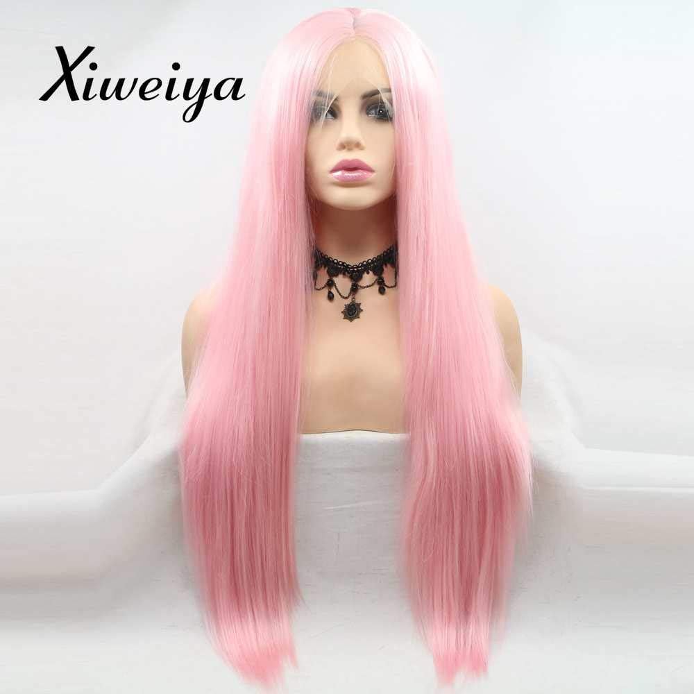Xiweiya Long pink straight wig Synthetic Lace Front Wigs With Heat Resistant Fiber Pink - Image 3