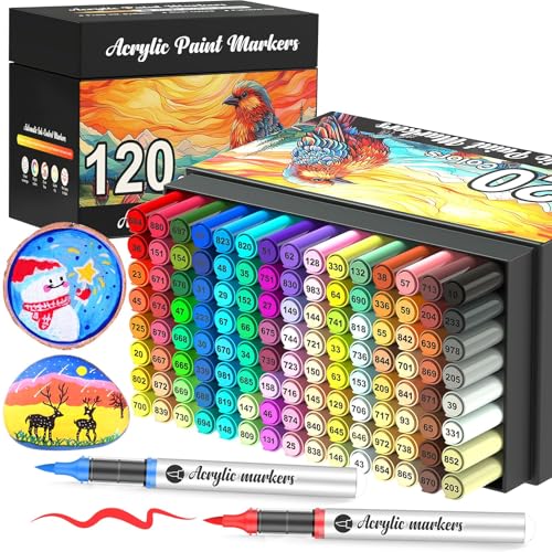 Vozuna 120 Acrylic Pens Set Waterproof - Acrylic Marker with Brush Tip for Painting Stones for Glass, Porcelain, Wood, Canvas, Ceramic, Fabric & Paper - Quick Drying, Opaque, for Adults & DIY