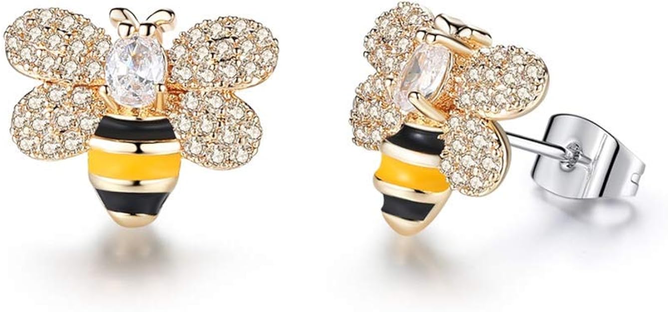 AILUOR Gold Plated Enameled Crystal Honey Bee Bumble Stud Earrings Cute