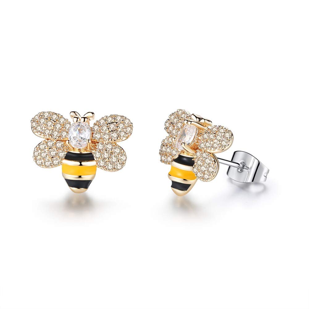 AILUOR Gold Plated Enameled Crystal Honey Bee Bumble Stud Earrings Cute Little Honeybee Animal Dangle Drop Earrings Costume Jewelry for Women (Gold)
