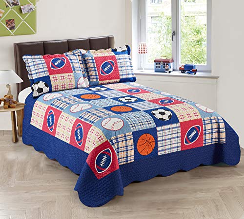 MK Home Tagesdecke Set 2-teilig – Fußball/Basketball/Baseball Design, Dunkelblau, Für Jungen