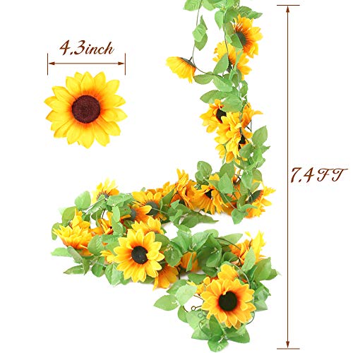 Johouse 4 PCS 7.4FT Artificial Sunflower Garland Silk Sunflower Vine Artificial Flowers with Green Leaves Wedding Table Decor