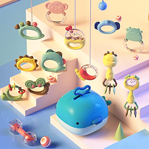 YKiMi 13pcs Baby Rattle Toys, Baby Rattle Sets Teether Rattles Toys, Spin Rattle Toy Early Educational Toys with Whale Storage Box Gifts Set for 0, 3, 6, 9, 12 Months Newborn Infant Baby, Girl, Boy
