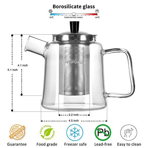 Glass Teapot with Infuser, Blooming and Loose Leaf Tea Pot Tea Maker Stainless Steel Infuser - Stovetop Safe