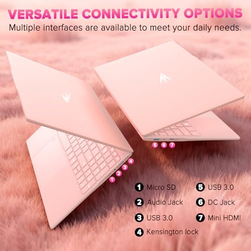 Auusda Lightweight Portable Pink Laptop, Win 11 Pro, 4-Core Processor,15.6" FHD IPS, Backlit Keyboard, Privacy Camera, Fingerprint Reader, USB 3.0, HDMI, for Business Work Study, 8GB RAM 128GB SSD | Backlit Keyboard, Fingerprint Sensor, USB 3.0*2, 6000mAh, Ideal for Student & Business
