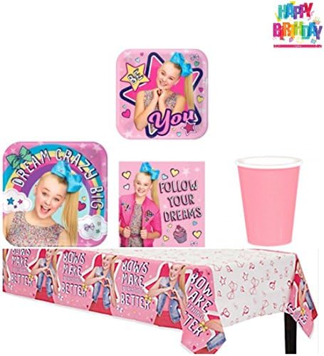 JoJo Siwa Party Supplies Pack Bundle Kit For 16 Guests - Includes 16 Dinner Plates, 16 Dessert Plates, 16 Cups, 16 Napkins, 1 Tablecover, and 1 HeyDays Happy Birthday Tattoo