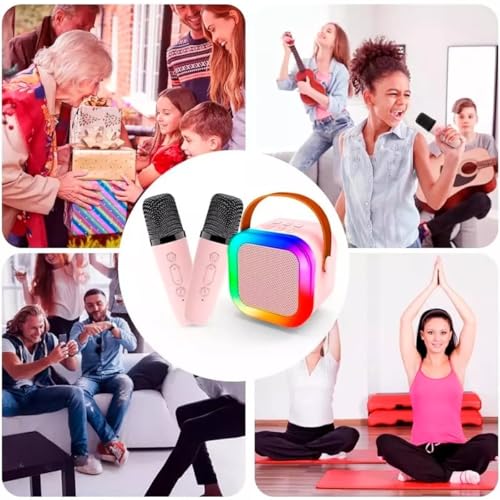 Karaoke Infantil Portátil com 2 Microfones Recarregável e Modos de Voz Divertidos - Diversão Musical para Crianças! (Rosa)