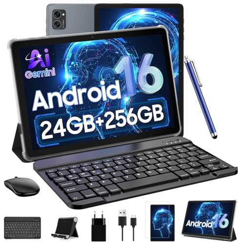 Tablet 10 Inch,Android 16 Tablet with Pen and Keyboard,with Gemini AI,24GB RAM 256GB ROM Expandable to 2TB, T606 Octa-Core Gaming Tablet,5000mAh with Fast Charge Tablette Android