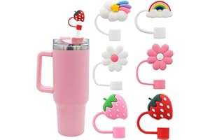 MEITESTI Flower Straw Cover Cap for Stanley Cup Silicone Straw Topper Compatible with 30&40 Oz Tumbler with Handle,Straw Tip Covers 10mm 0.4in for Straw Tip Covers (6pcs Rainbow Flower Strawberry)