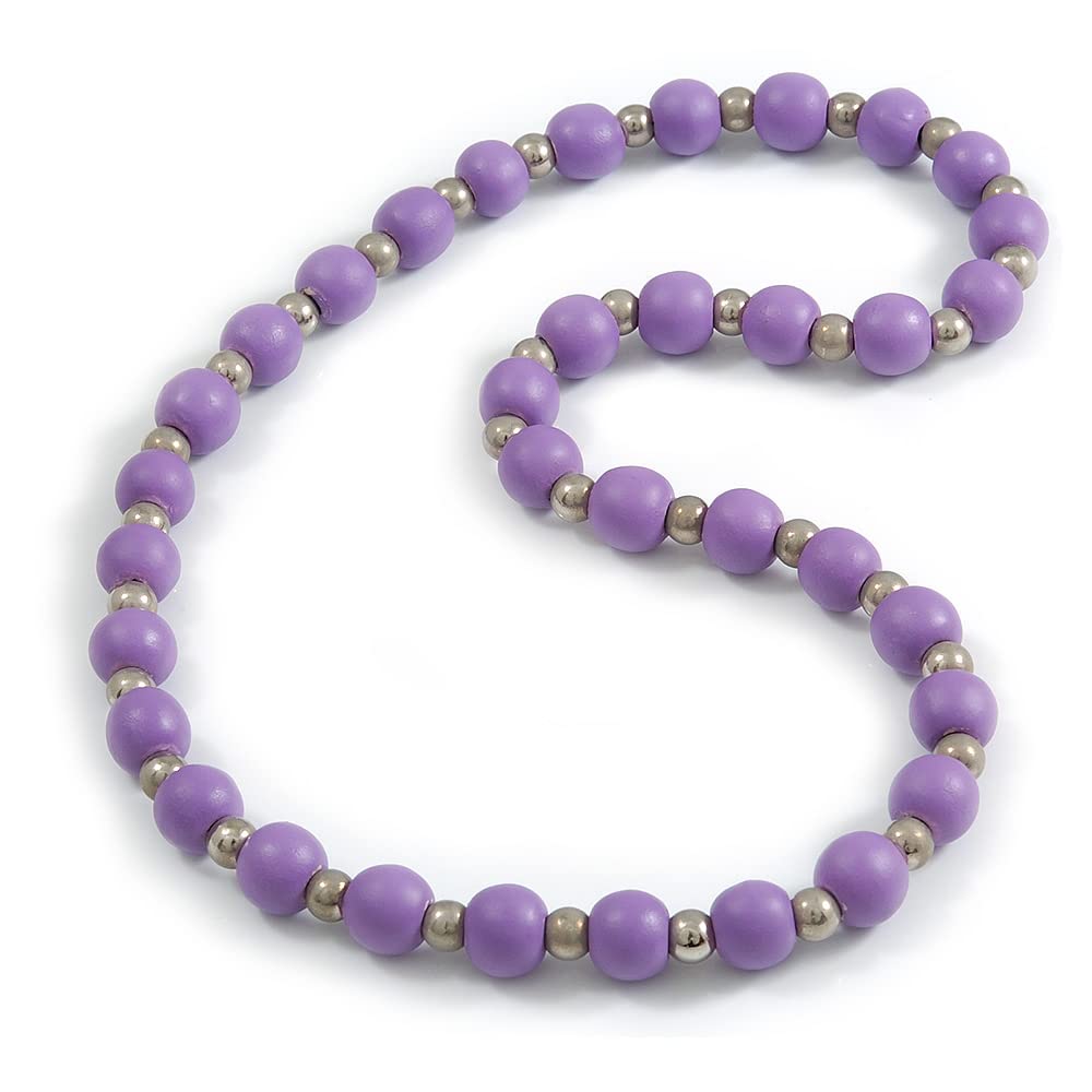 Avalaya Lilac Purple Painted Wood and Silver Tone Acrylic Bead Long Necklace - 70cm L