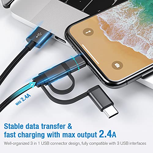 3-in-1 Cable, Multi Charging Cable IP/Type C/Micro USB Charger Nylon Braided Cord 3.3ft (1m),3 in 1 Multiple Universal Charger for Phone/Pad and Android Devices