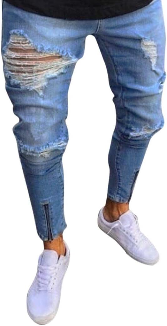 Men Jeans Daoroka Vintage Slim Fit Stretchy Skinny Biker Zipper Denim Distressed Pants