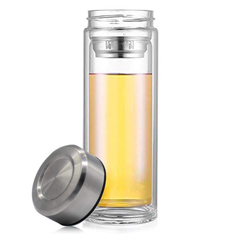 Ationgle 14 oz Double Walled Glass Water Bottle Borosilicate Heat Resistant Double Layer Travel Mug Leak Proof