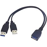 USB 3.0 Y Splitter Cable, Haokiang 1Feet USB 3.0 Type A Male to Dual USB Female 1 to 2 Y Splitter Sync Data Charger Cable Cord(One Side Only for Charging) (USB3.0 1F/2M)