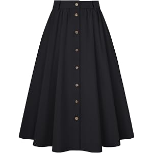 Belle Poque Women Midi Skirts High Waisted A Line Skirt with Pockets | Elastic Back Waisted, Button Down at Front, Flowy, Bus