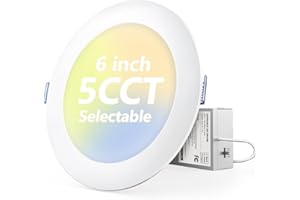 Fondwell 1 Pack 6 Inch 5CCT Ultra-Thin Recessed Lighting with Junction Box, 12W 90CRI 1050LM High Brightness LED Ceiling Light Fixtures, Dimmable Canless Wafer Downlight - Energy Star/ETL/FCC Listed