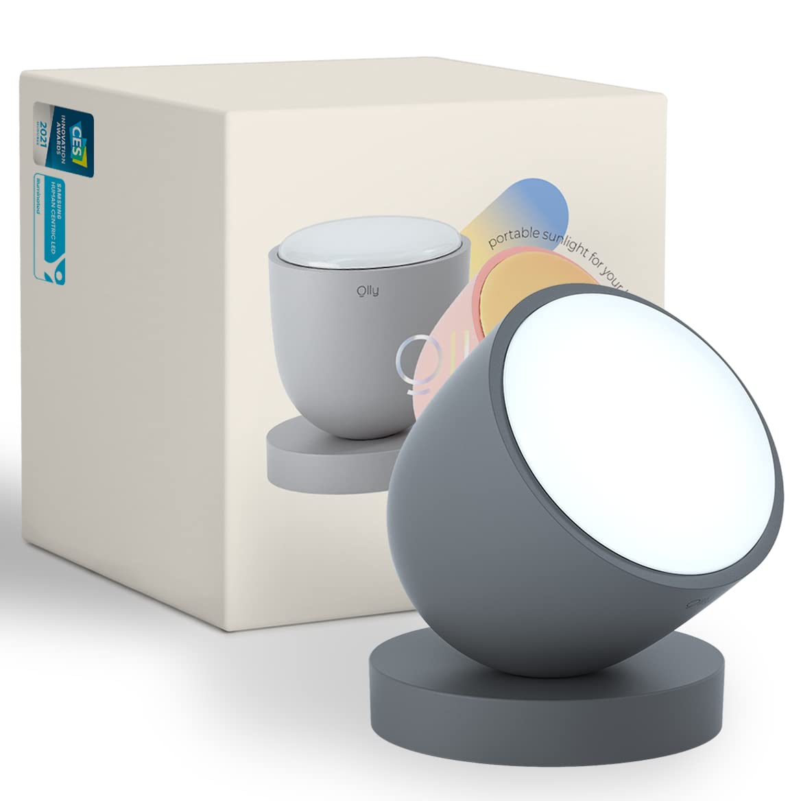 Olly Light Therapy Lamp. Daily Sunlight to Sleep Well, Day Night, UV-Free, Rechargeable and Portable, 2step Brightness Mode, 25minutes Automatic Timer(Day-Solid Gray)