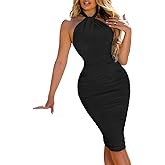 BEAGIMEG Women's Sexy Bodycon Sleeveless Backless Ruched Halter Neck Party Club Cocktail Midi Dress