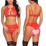Avidlove Women Lace Lingerie Set With Garter Belts Teddy Babydoll Bodysuit Red L
