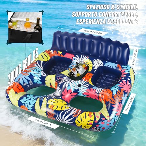 FORMIZON Inflatable Sea Mattress, 2 Seater Pool Mat, Tanning Pool Large Inflatable Tan with Ice Bar Thermal Bag Drink Holder and Cushion for Water Party