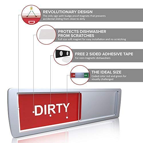 Premium Clean Dirty Dishwasher Magnet - Dishwasher Management Made Easy - 100% Metal and Acrylic, Easy-To-Read Labels, Magnetized Slider - Dishwasher Magnet Clean Dirty - Silver - Thumbnail 2