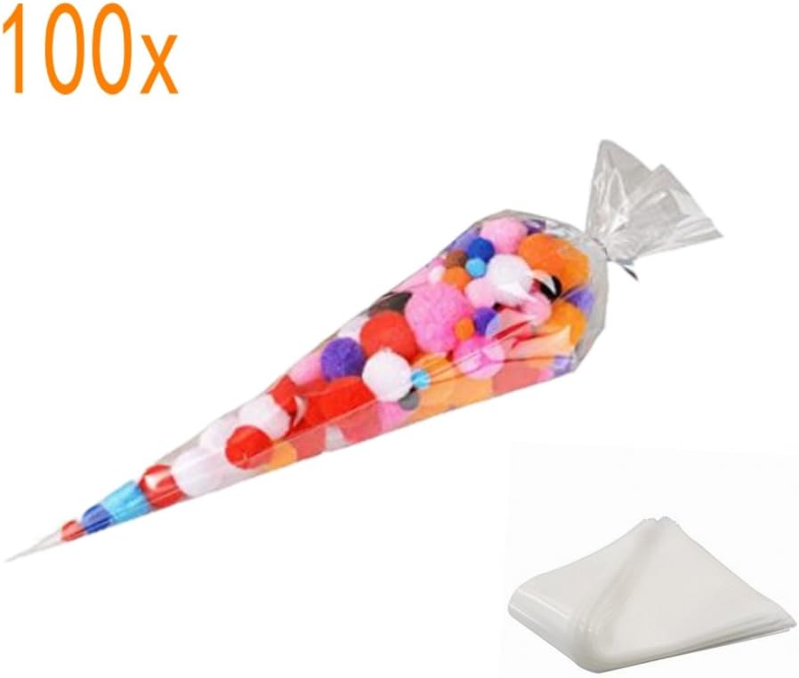 CHSYOO 100 x Transparent Cone Plastic Bags Wedding Party Favor Bags Birthday Party Favors Flat Bag with Gold Ribbon for Biscuits Candy Fruit Gums