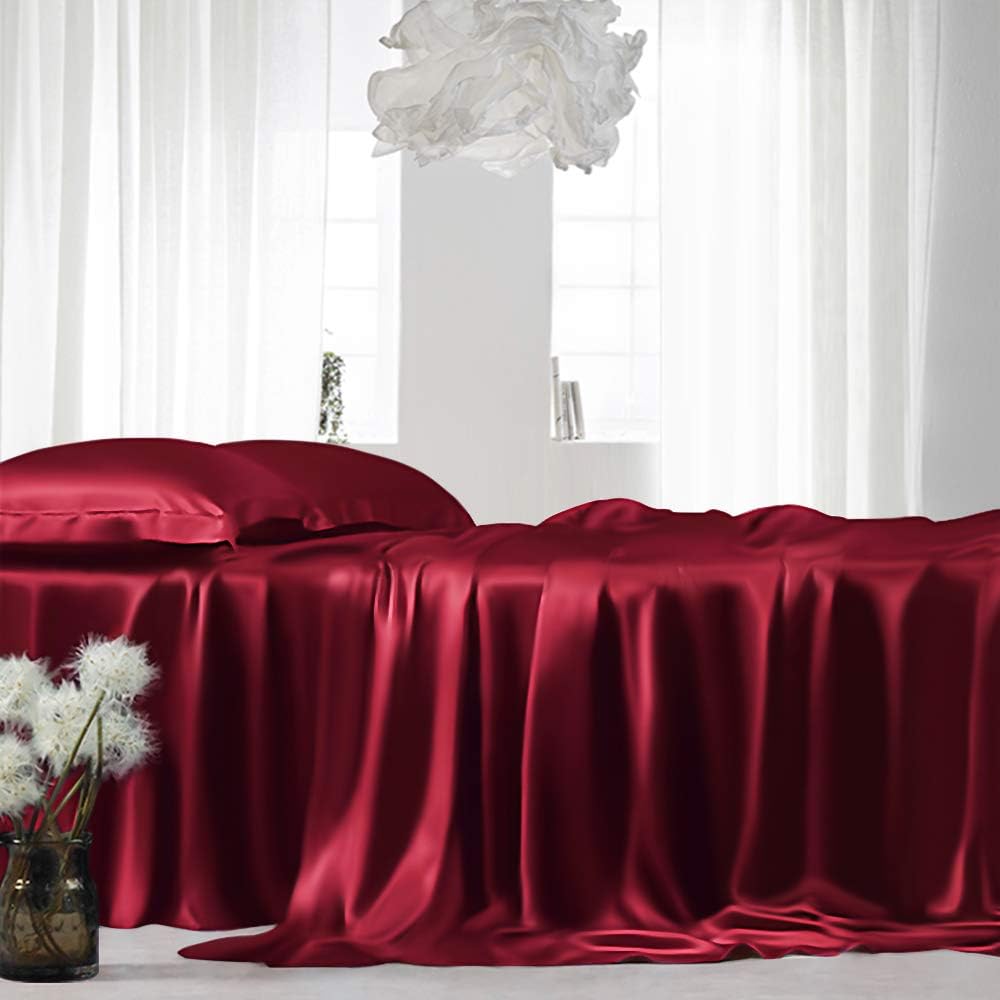 ElleSilk 4-Piece 100% Silk Sheet Set, Silk Bed Sheet Sets, 22 Momme, The Highest Grade Mulberry Silk, Natural Dye, Hypoallergenic, King, Claret