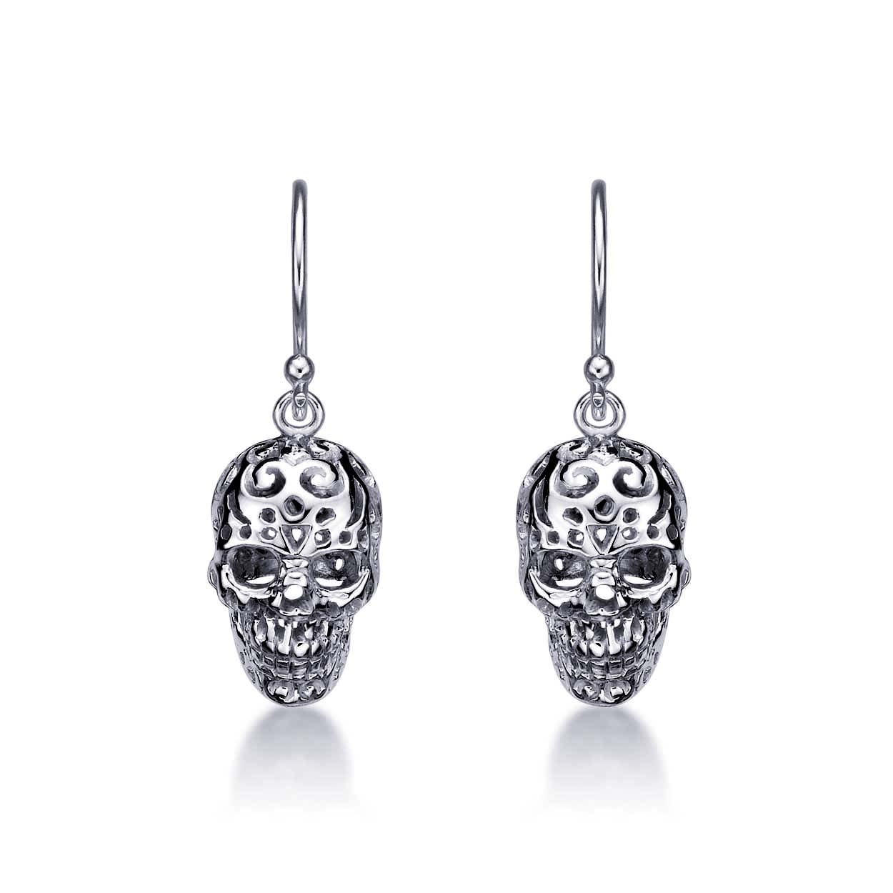 Diamond Treats Hanging Gothic Skull Earrings in 925 Sterling Silver. These Intricate Design Sterling Silver Earrings with Fishhook Backs are a Lovely Gift for Women