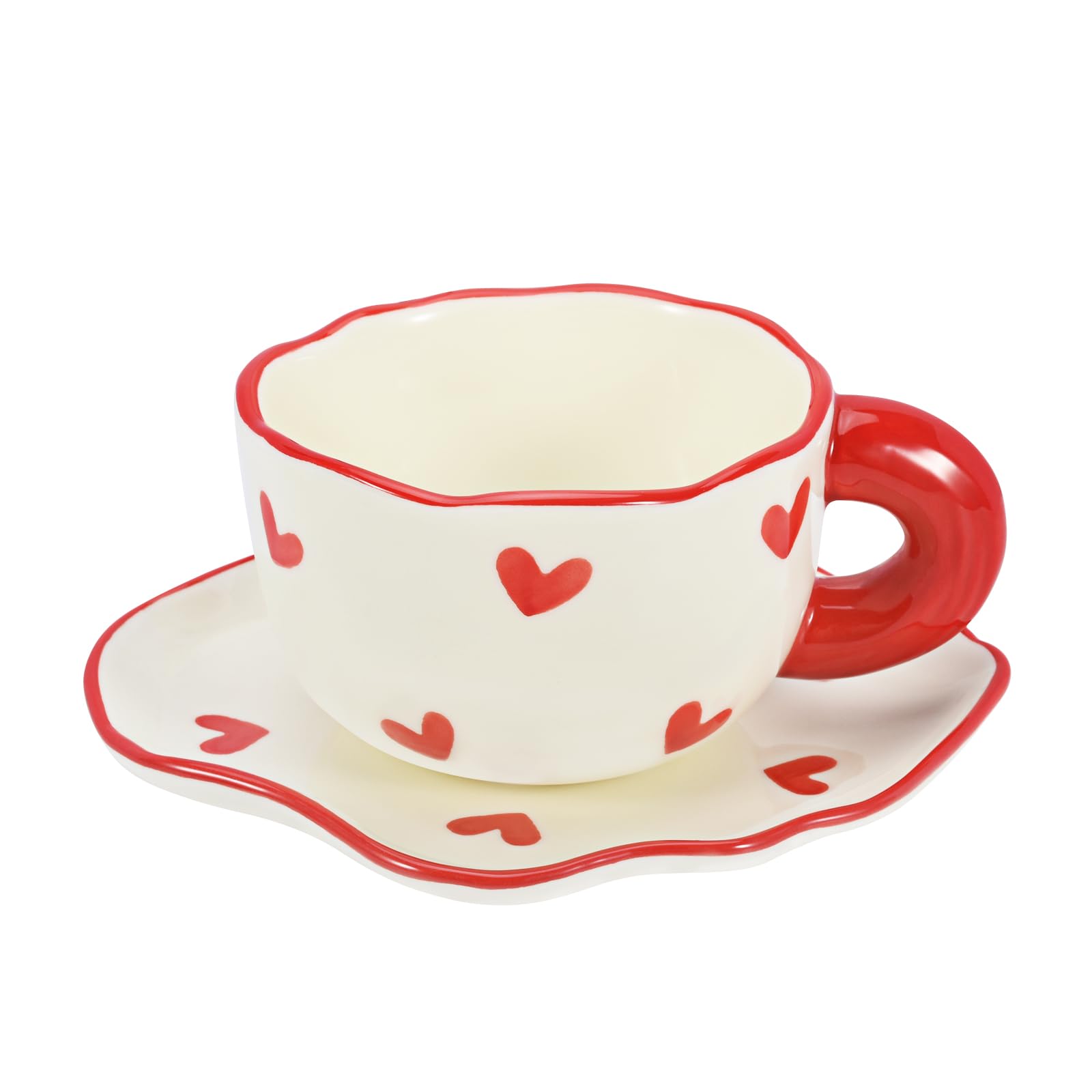 Koythin Ceramic Coffee Mug Saucer Set, Cute Creative Cup with Heart Pattern Saucer Design for Office and Home, Dishwasher and Microwave Safe, 6 oz/180 ml for Latte Tea Milk (Red Heart)