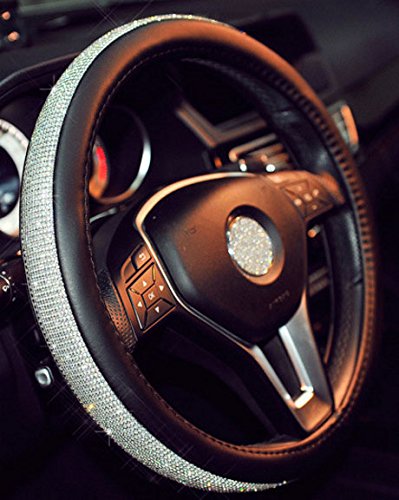 Steering Wheel Cover,with PU Leather Bling Bling Rhinestones Case (Silver Black)