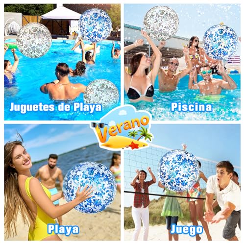 7CDXD 8 Pelota Inflable de Playa, 40 cm/16 Pulgadas Pelotas de Playa con Lentejuelas, con Bomba de Aire Gratis para Piscina, Fiesta