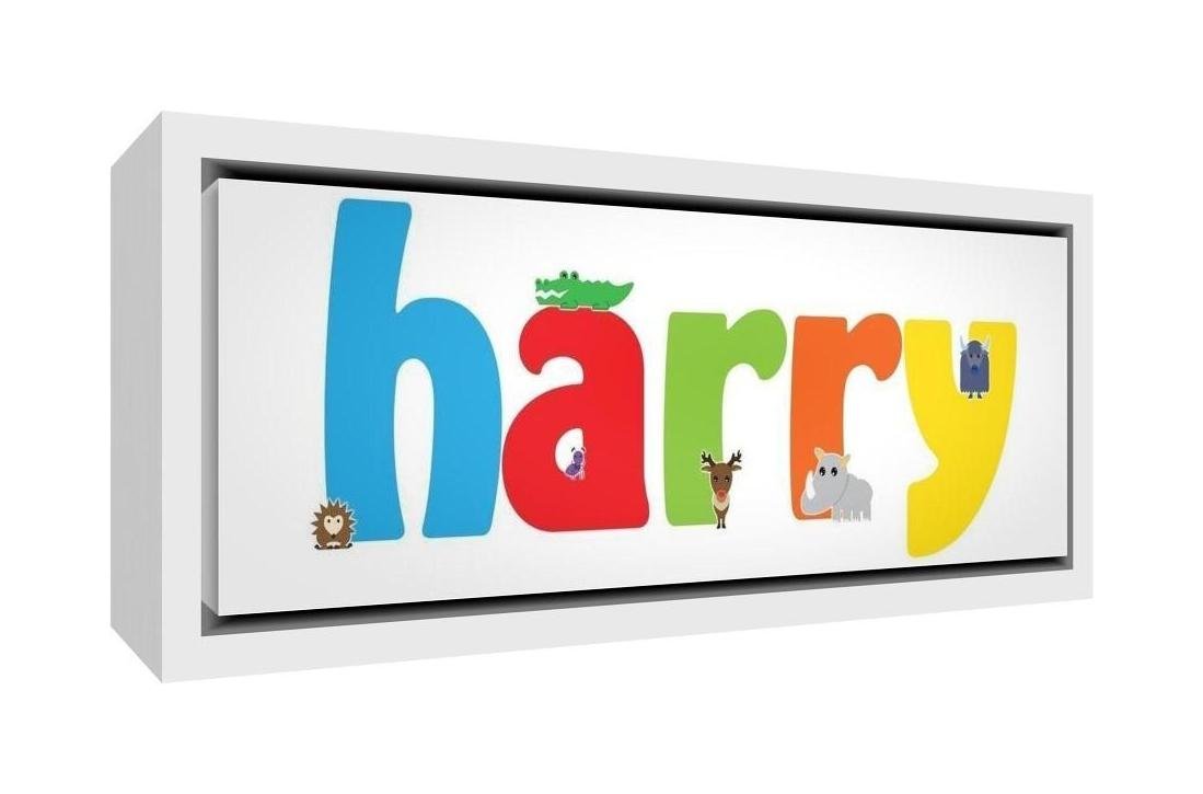 Feel Good Art Cute Illustrative Design Framed Box Canvas with Solid White Wooden Surround (19 x 46 x 3 cm, Small, Harry)