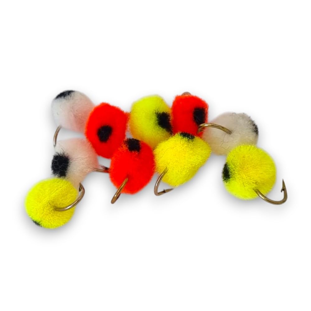 Micro Glo Bug Egg Flies Size 12 – Hand Tied Roe Fly Fishing Lures – Mixed Pack 10 (Orange, White, Yellow) for Trout, Salmon, Steelhead, Bass