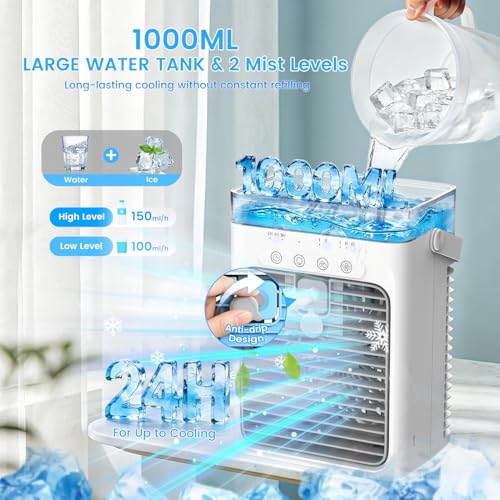 Mini Air Conditioner, 4-in-1 Portable Air Conditioner with 1000ML Water Tank Small AC Unit Air Cooler USB Powered Evaporative Cooler Cooling Fan with 2/4/8H Timer & Light for Office Bedroom Room