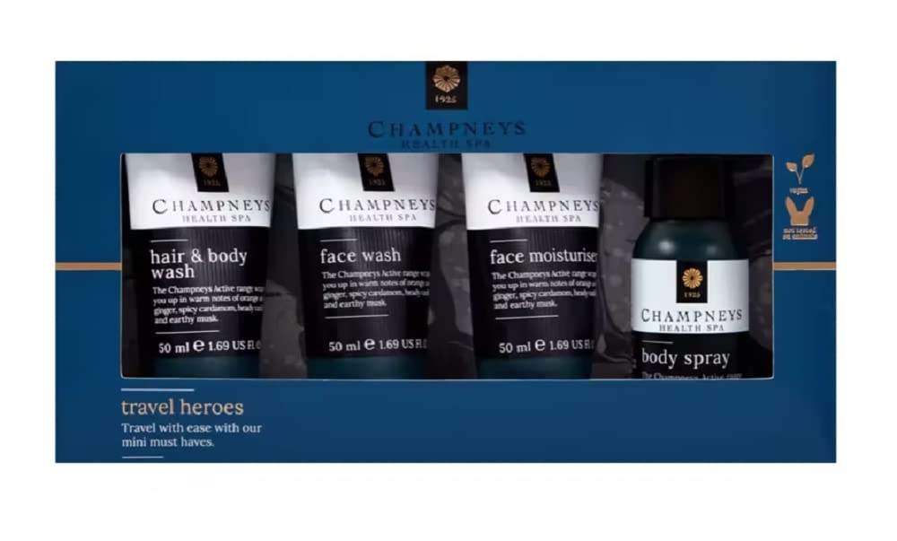 Champneys Heroes Travel Gift Set - Face & Body 4-pcs Mini Spa Kit for Men with Topline Thank You Card. Idea for Stocking Fillers, Secret Santa or Men's Birthday Gift Set