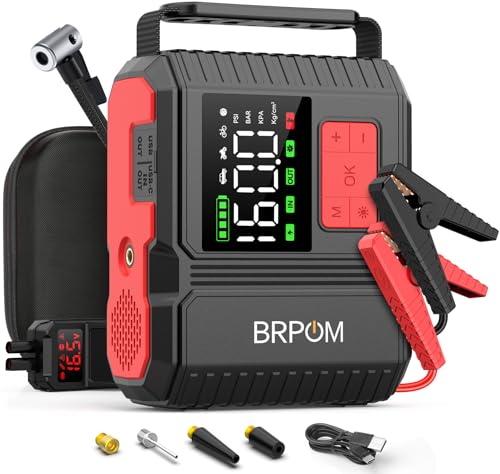 BRPOM Starthilfe Powerbank 8000A mit Kompressor 160PSI, alle Benzinmotoren und bis 12,0L Diesel, 12V Jump Starter mit Force Start, LCD Display, USB-C Schnelllad
