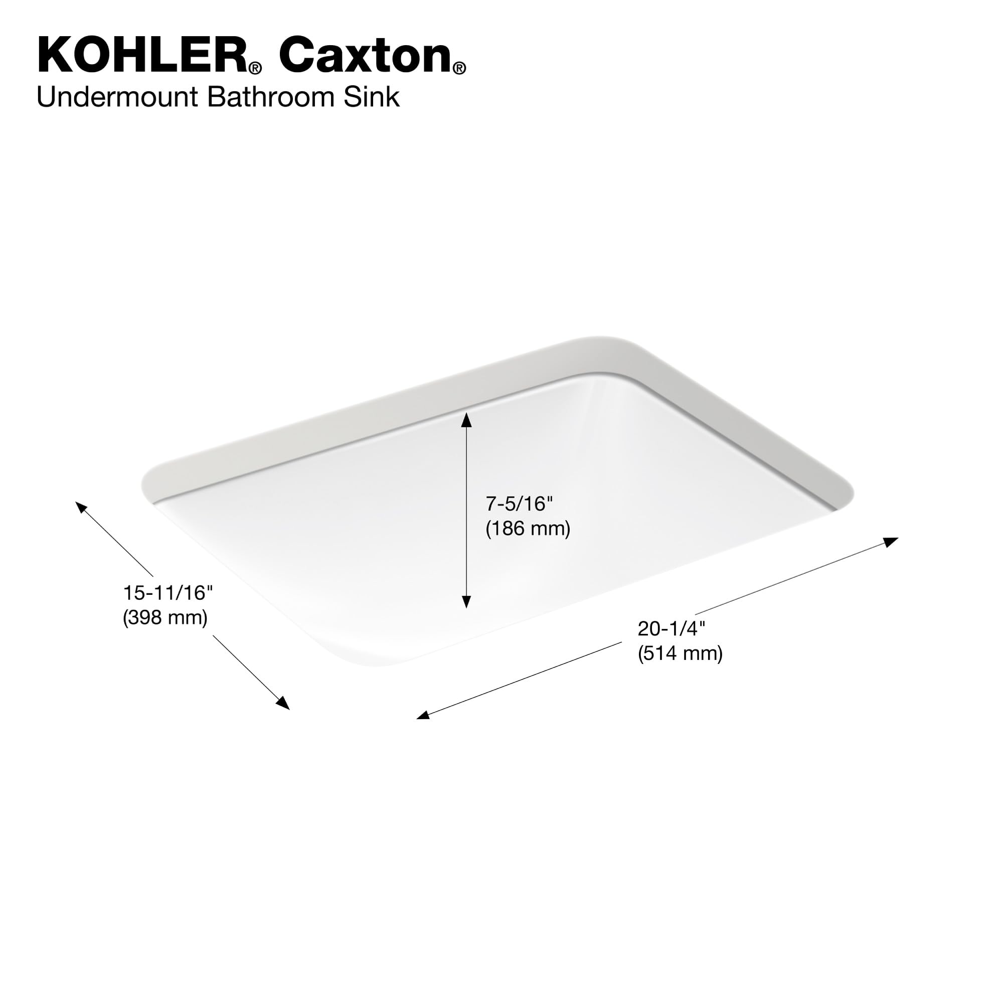 KOHLER 20000-0 Caxton Rectangle Undermount Bathroom Sink, Bathroom Vanity Sink with Overflow Drain, 20-1/4 L x 15-11/16 W, White