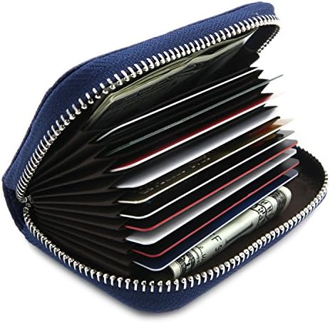 RFID Blocking Genuine Leather Credit Card Case Holder Security Travel Wallet with ID Window - Blue (Ver.2)
