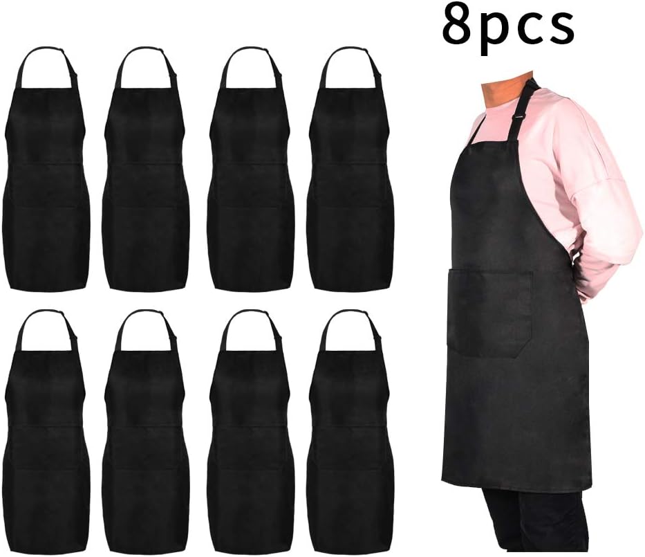 SunFirday 8pcs Apron Adjustable Bib Aprons for Women Men, Chef Waiter Resistant Cooking Kitchen Aprons Bulk with 2 Pockets Black Aprons for BBQ Cook Work Art