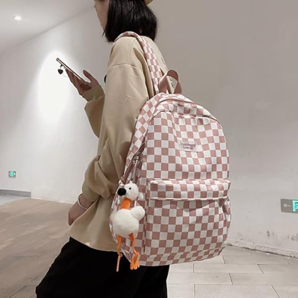 MININAI Y2K AESTHETIC CHECKERED BACKPACK WITH KAWAII PENDANT CHECKERBOARD BACKPACK CUTE PREPPY LAPTOP BACKPACK LIGHT RUCKSACK (ONE SIZE,PINK)