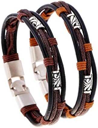 yofishop Mens Womens Stainless Steel Clasp 2 PCS Leather Bracelet