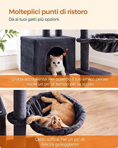 Albero per Gatti, Tiragraffi Piccolo da 135 cm, Condominio per Gatti in Peluche a più Livelli con Copertura per Trespolo Rimovibile Lavabile, Graffiatoio, Cesto, Grotta, Grigio Scuro