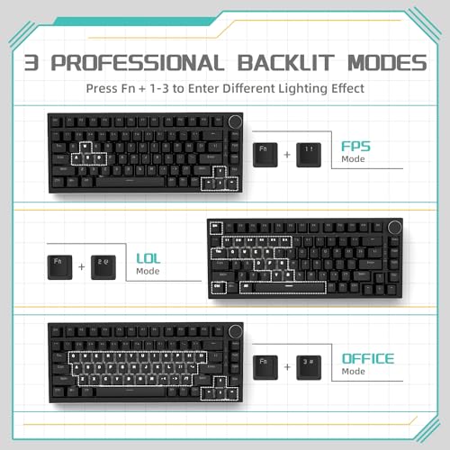 YINDIAO Ajazz AK820 Mechanical Keyboard with CNC Knob Control,75% ANSI Layout,81Keys Gasket Mount Wired Gaming Keyboard,5 Sound Absorbing Foam,Hot-swap Red Switch,White Backlit,for PC,MAC (Black)