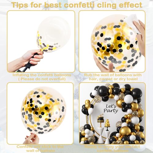 Black and Gold Balloon Arch Garland Kit, 124pcs Including Black, White, Gold, and Black Confetti Balloons, Ideal for New Year’s Eve Party, Graduation, Birthday, Wedding, Baby Shower Decorations