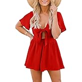 Aoysky Womens Summer Short Rompers Sexy Cute Loose Tie Front Jumpsuit Casual V Neck Wide Leg Beach Overalls