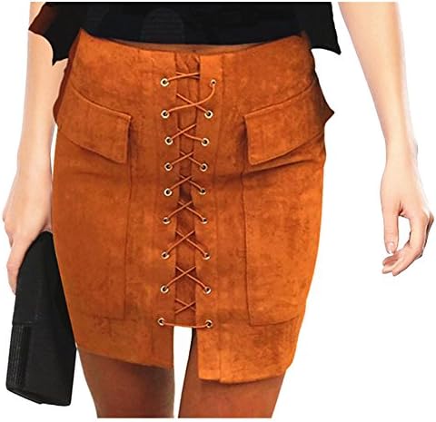 Ajclub Women's Sexy Vintage Lace Up High Waist Bodycon Faux Suede Mini Skirt (L, Brown)