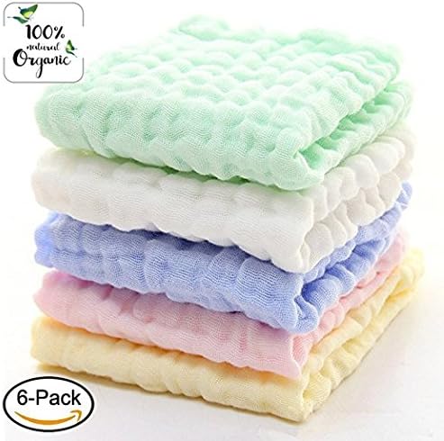 Baby Wipes - Gmer Natural Organic Cotton Baby Muslin Washcloth - Soft Newborn Baby Face Towel and Muslin Washcloth for Sensitive Skin- Baby Registry, 6 Pack 10x10 inches.